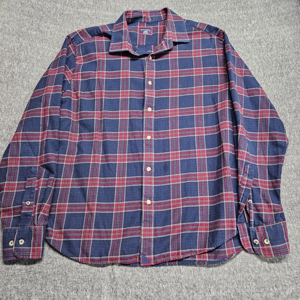 UNTUCKit Rosato Plaid Flannel Shirt Mens Large Navy Red 41001 Relaxed Fit Cotton - Picture 2 of 8